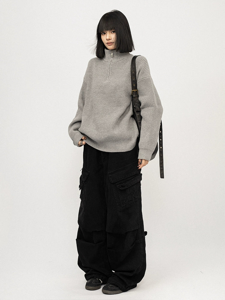 OCTTFLAB Винтаж Өндөр Захтай Сул Ноосон Цамц