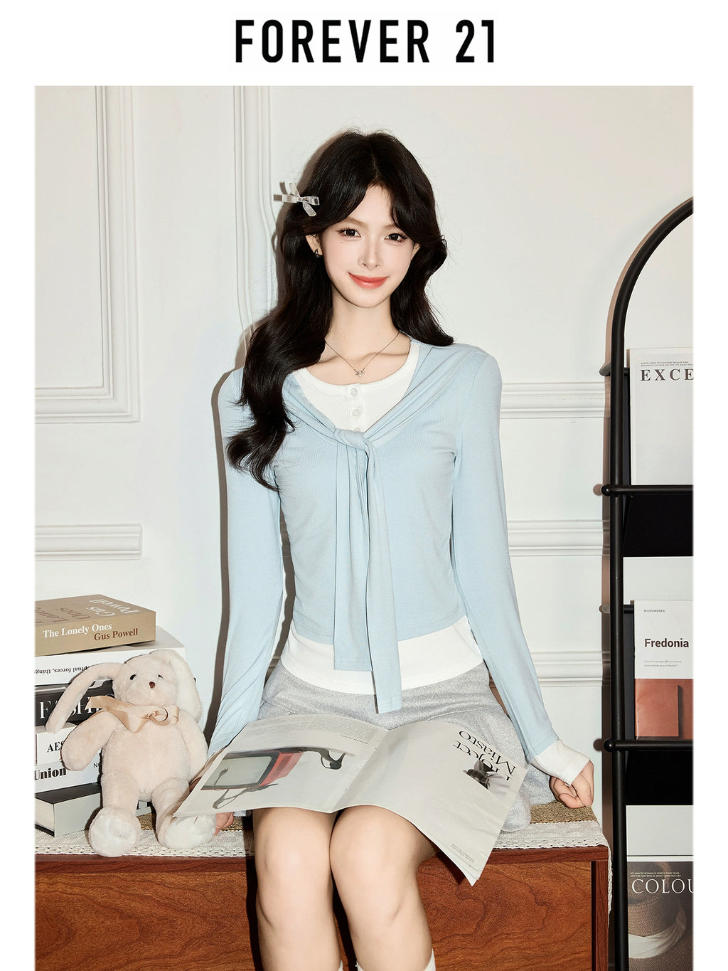 Forever 21 Эмэгтэй Цэнхэр Хоёр Давхар Загварын Урт ханцуйтай Футболк