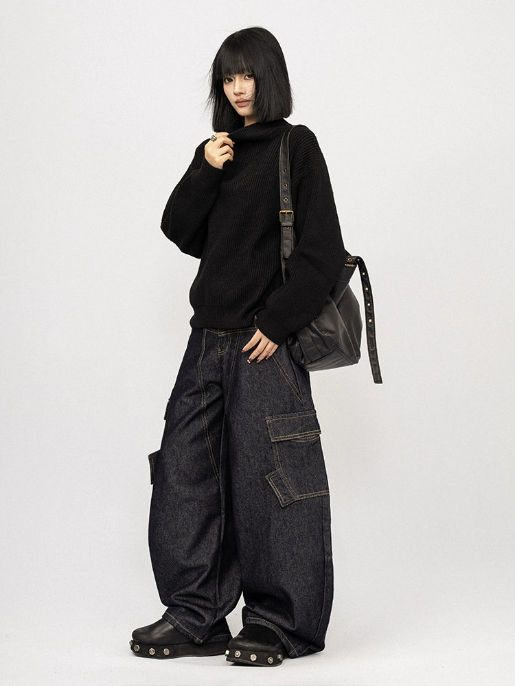 OCTTFLAB Винтаж Өндөр Захтай Сул Ноосон Цамц