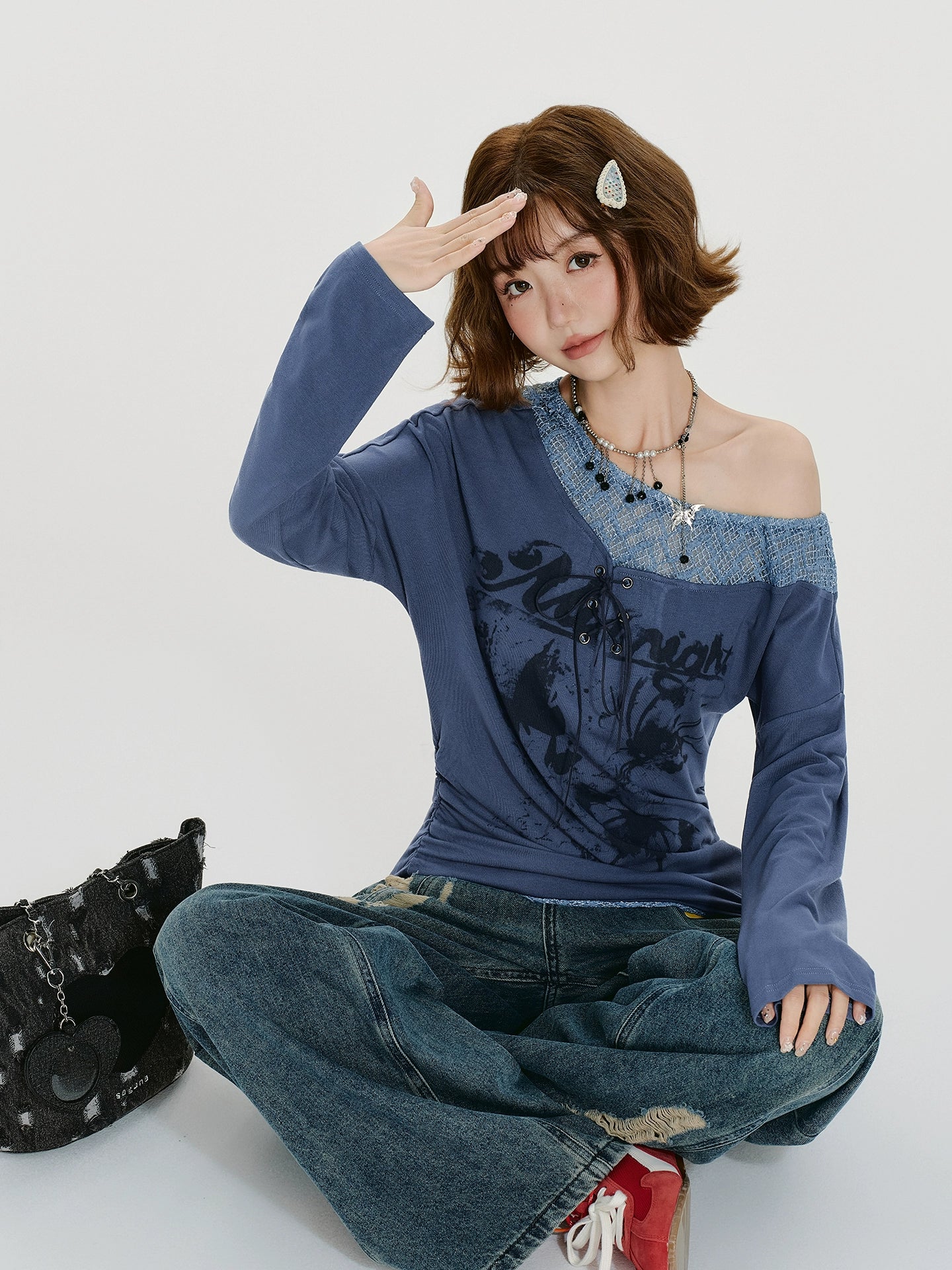 Girlyhalo Винтаж Нэг Мөр Ил Топ