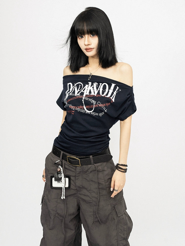 OCTTFLAB Американ Ретро Эмэгтэй Нэг Мөр Ил Харуулсан Үсэгтэй Принт Футболк