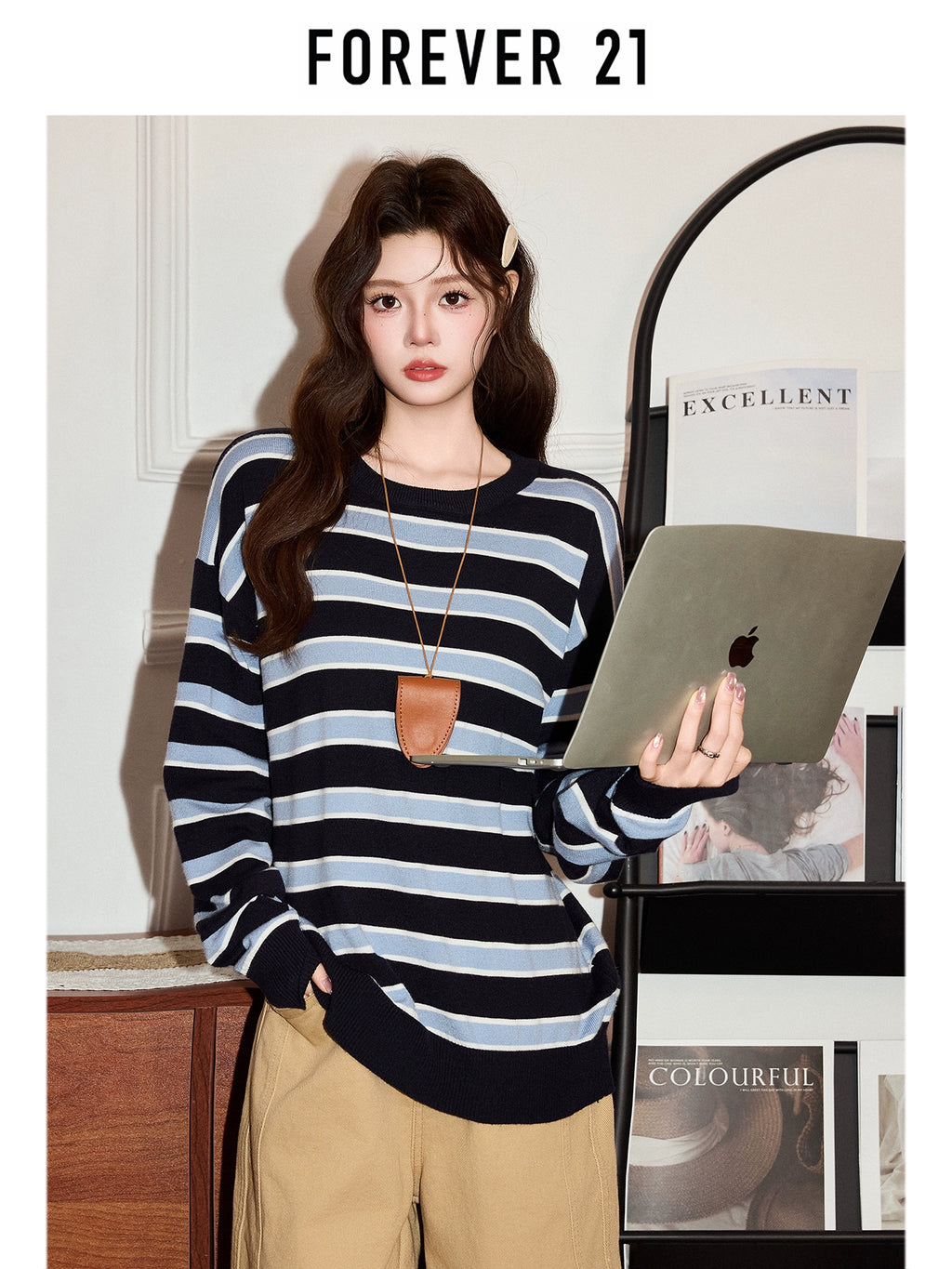 Forever 21 Korean ins striped contrast long-sleeved T-shirt women's autumn 2025 lazy style loose base top