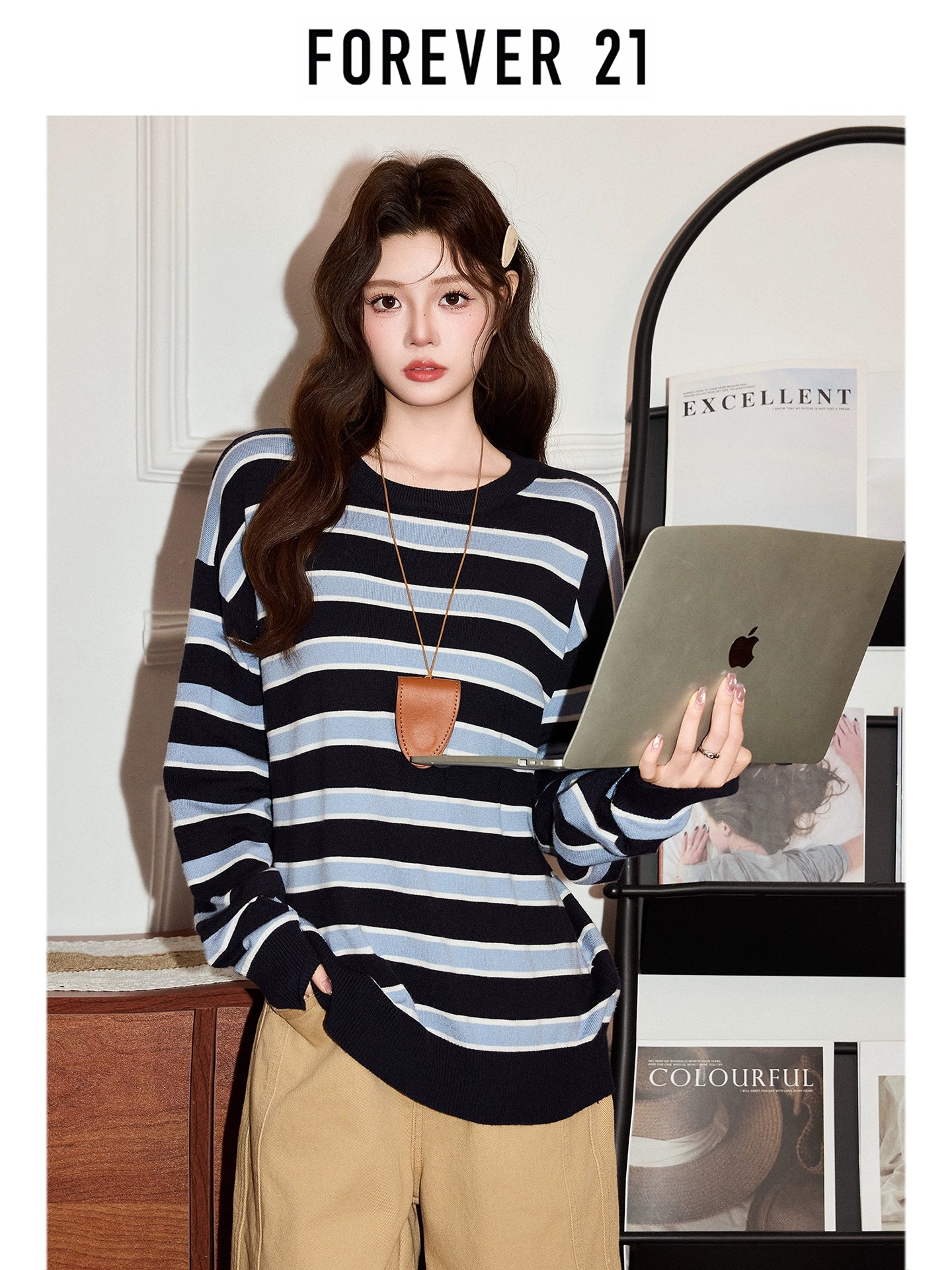Forever 21 Korean ins striped contrast long-sleeved T-shirt women's autumn 2025 lazy style loose base top