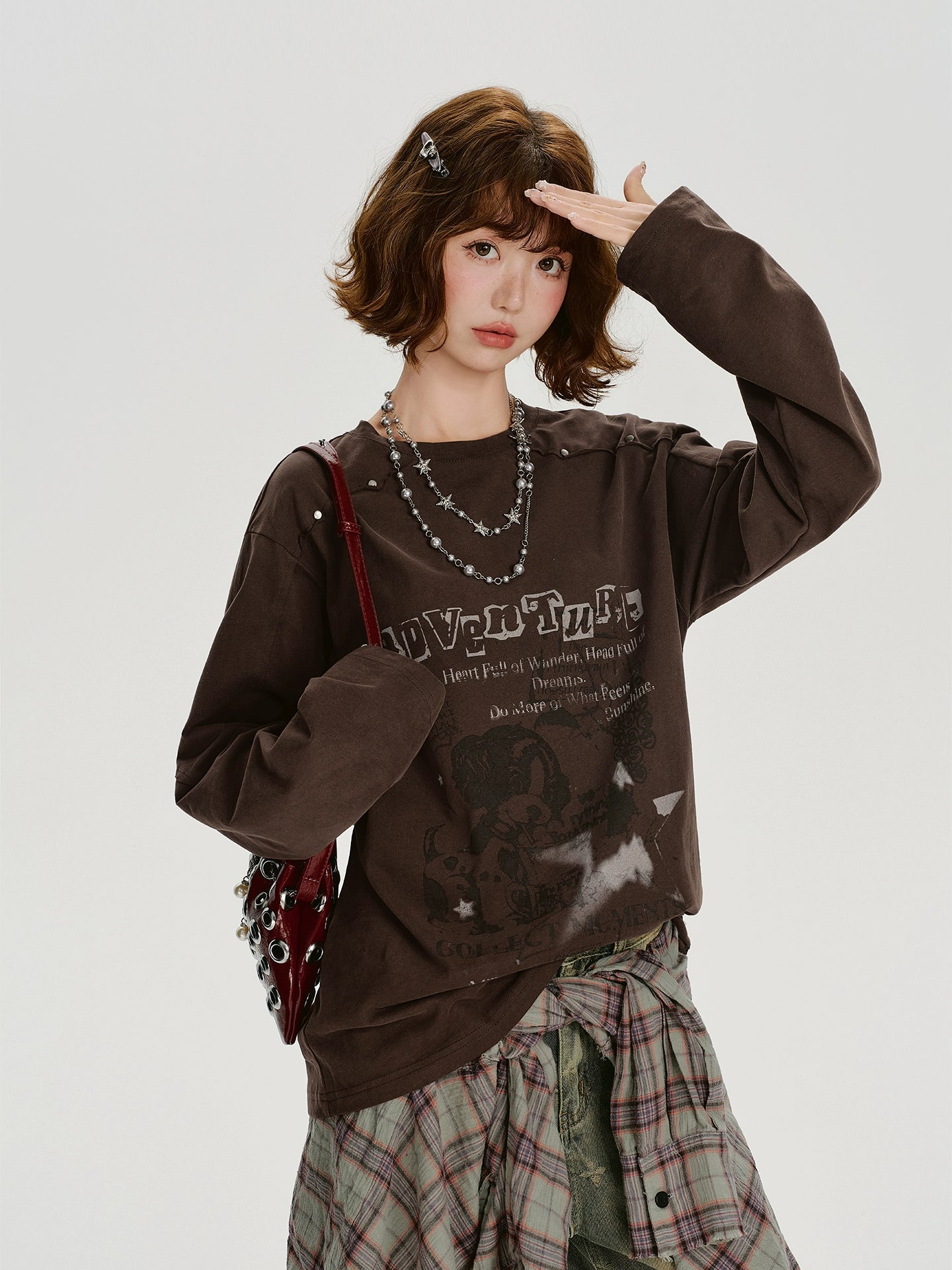 Girlyhalo Винтаж Оёдолтой Урт Ханцуйтай Футболк