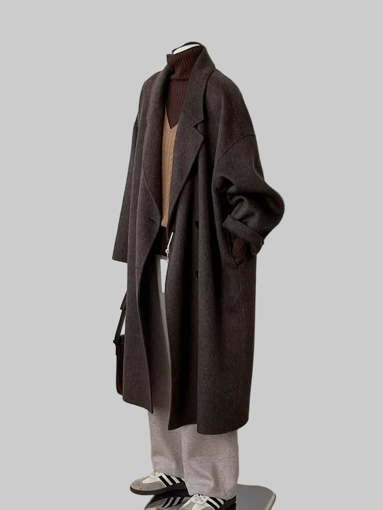 Эмэгтэй Кофе Өнгийн Давхар Ноолууран Дунд Урт Пальто