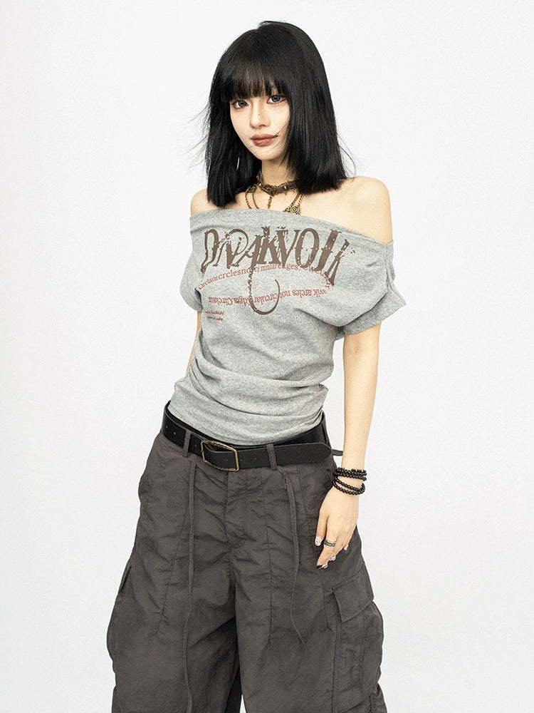 OCTTFLAB Американ Ретро Эмэгтэй Нэг Мөр Ил Харуулсан Үсэгтэй Принт Футболк