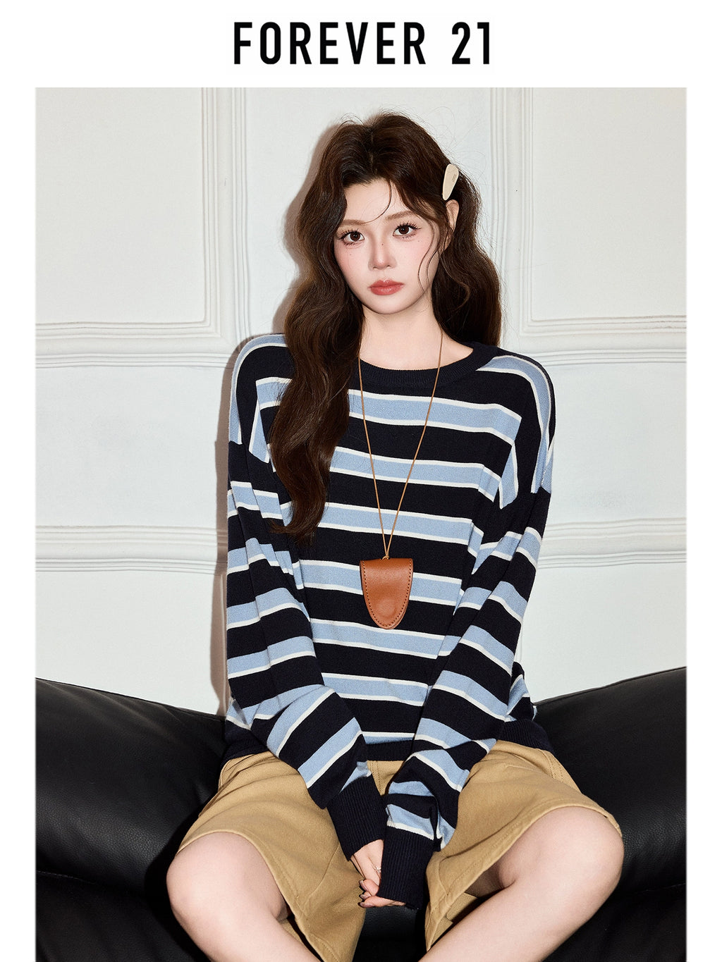 Forever 21 Korean ins striped contrast long-sleeved T-shirt women's autumn 2025 lazy style loose base top