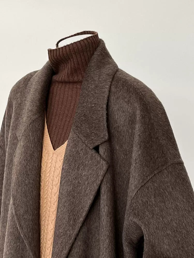 Эмэгтэй Кофе Өнгийн Давхар Ноолууран Дунд Урт Пальто