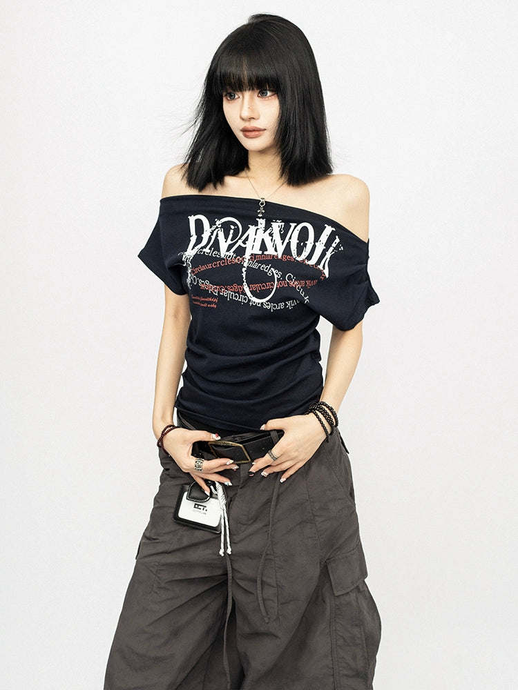 OCTTFLAB Американ Ретро Эмэгтэй Нэг Мөр Ил Харуулсан Үсэгтэй Принт Футболк