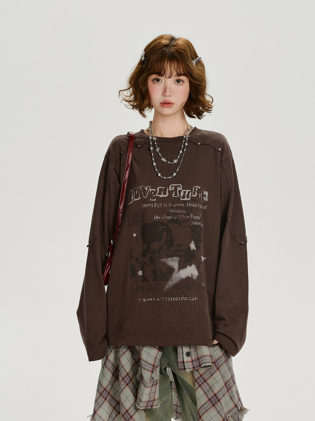 Girlyhalo Винтаж Оёдолтой Урт Ханцуйтай Футболк