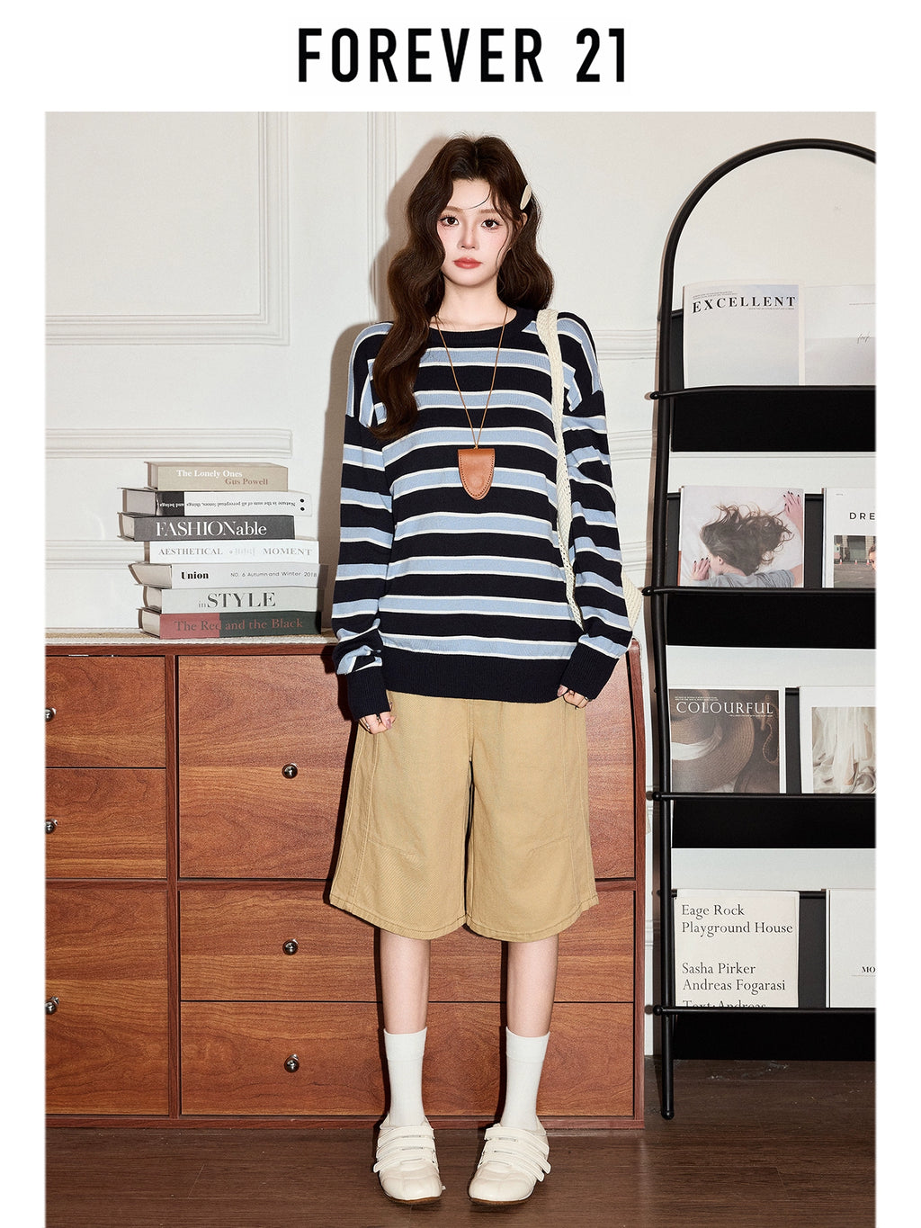 Forever 21 Korean ins striped contrast long-sleeved T-shirt women's autumn 2025 lazy style loose base top