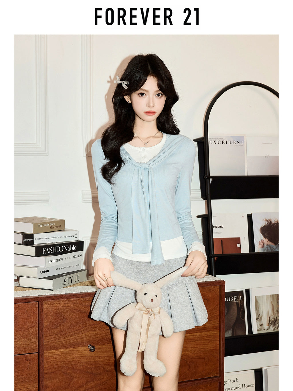 Forever 21 Эмэгтэй Цэнхэр Хоёр Давхар Загварын Урт ханцуйтай Футболк