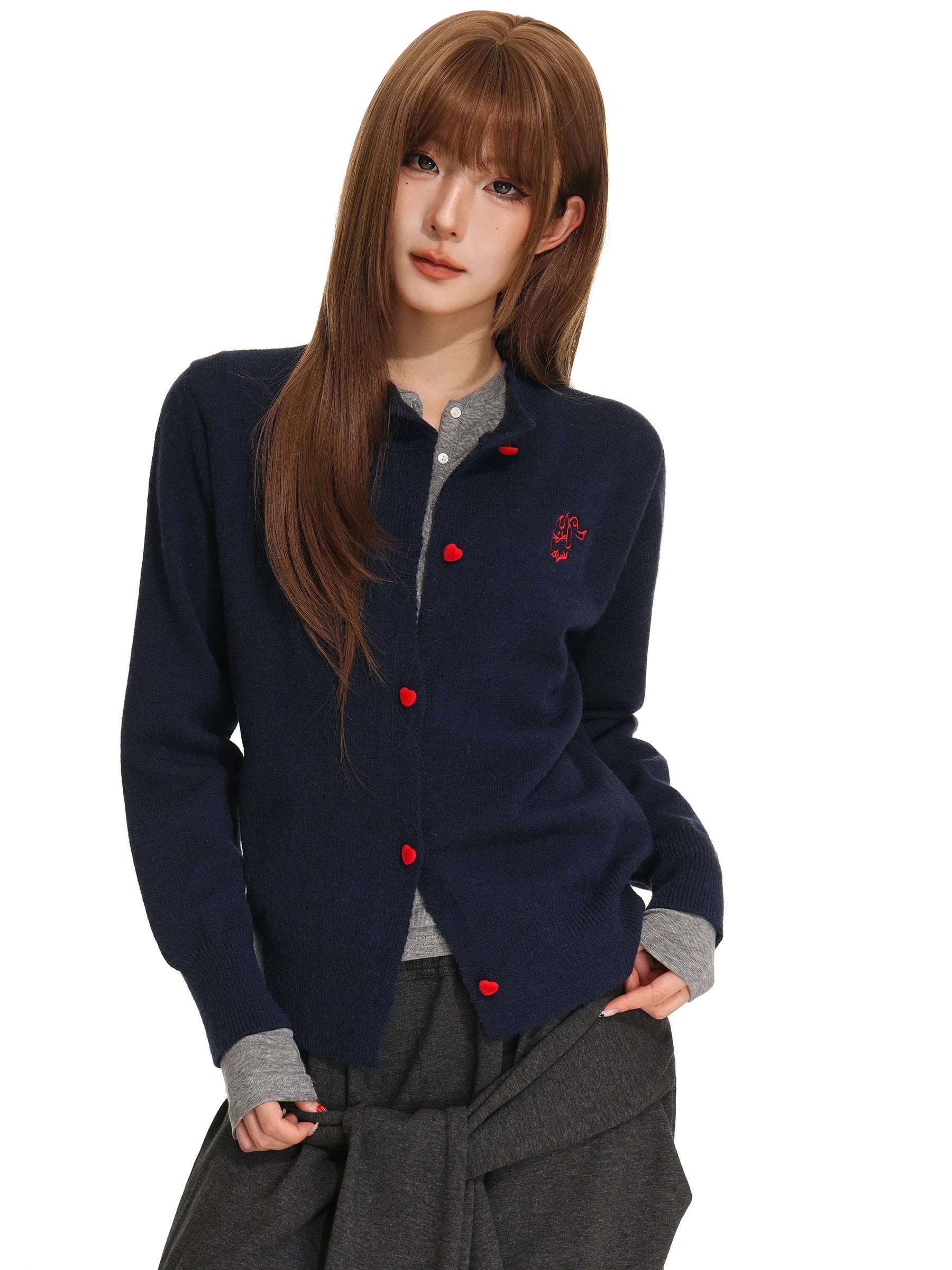 SHIYIYUE American vintage knitted sweater cardigan women's autumn love button print crew neck design jacket