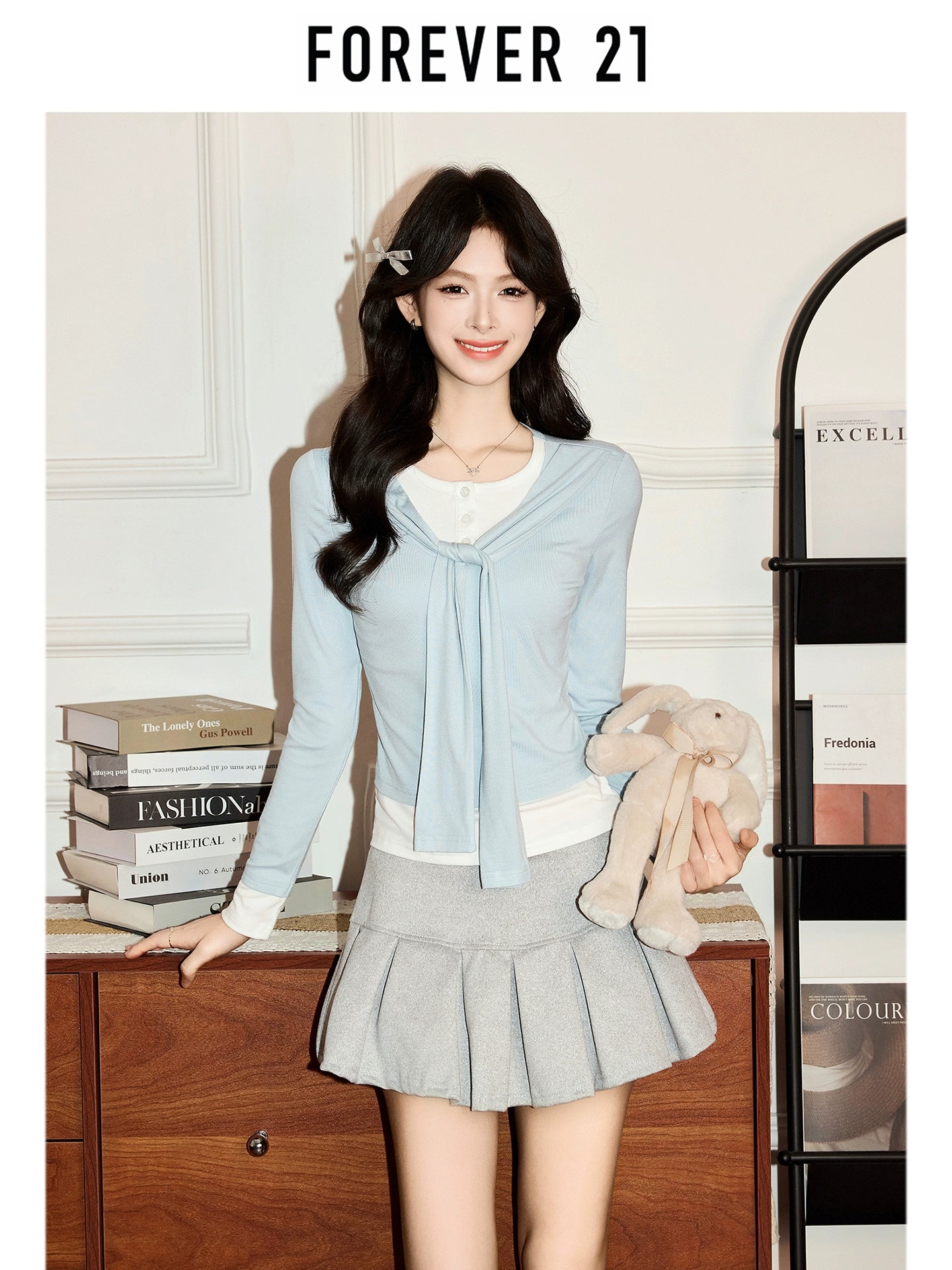 Forever 21 Эмэгтэй Цэнхэр Хоёр Давхар Загварын Урт ханцуйтай Футболк