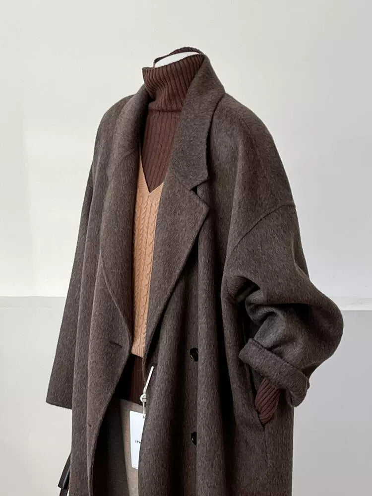 Эмэгтэй Кофе Өнгийн Давхар Ноолууран Дунд Урт Пальто