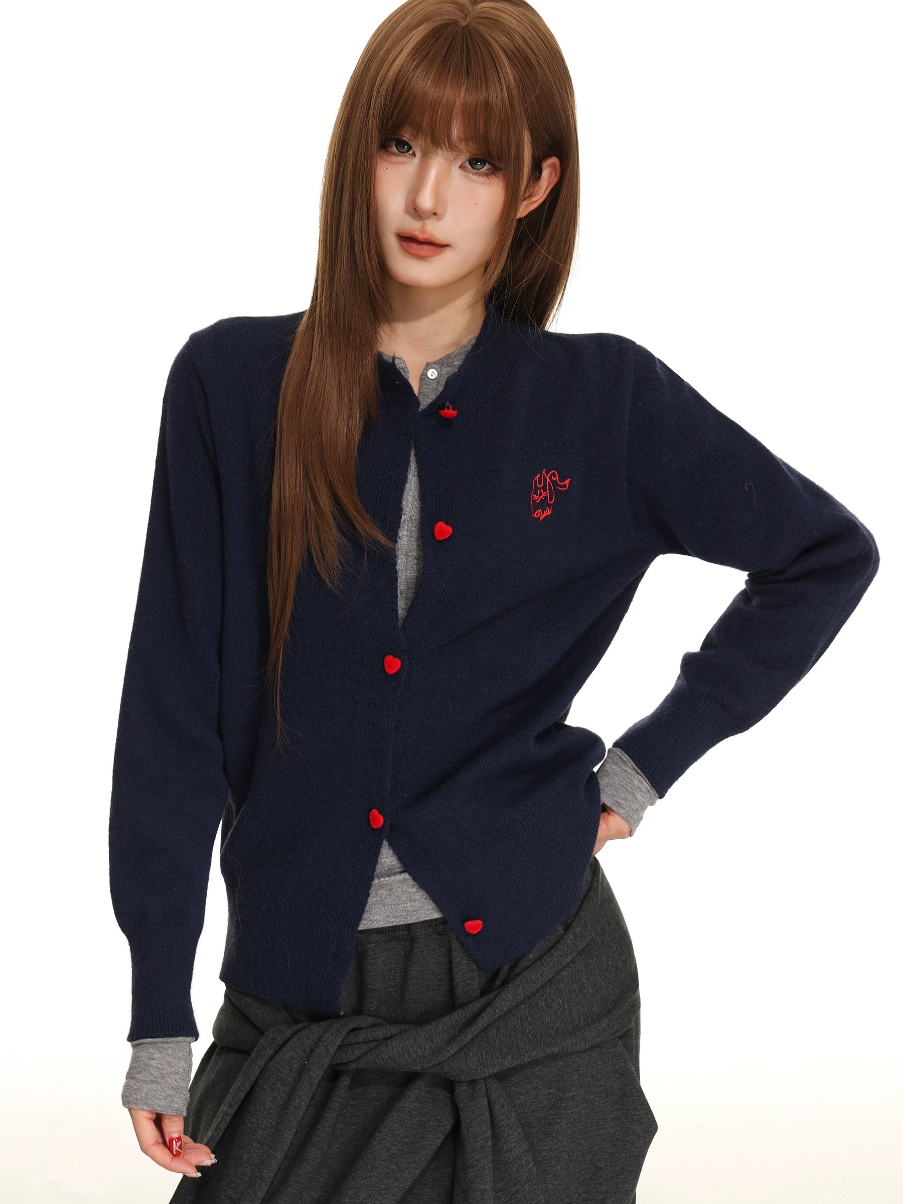 SHIYIYUE American vintage knitted sweater cardigan women's autumn love button print crew neck design jacket