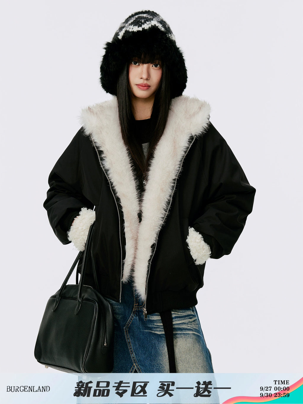 Burgenland Өвлийн толгой том ноосон захтай хар малгайтай хүрэм