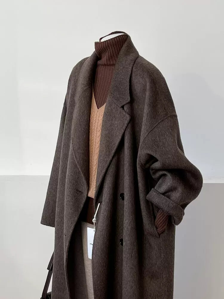 Эмэгтэй Кофе Өнгийн Давхар Ноолууран Дунд Урт Пальто