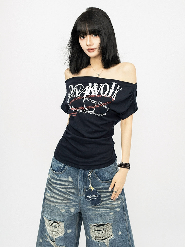 OCTTFLAB Американ Ретро Эмэгтэй Нэг Мөр Ил Харуулсан Үсэгтэй Принт Футболк