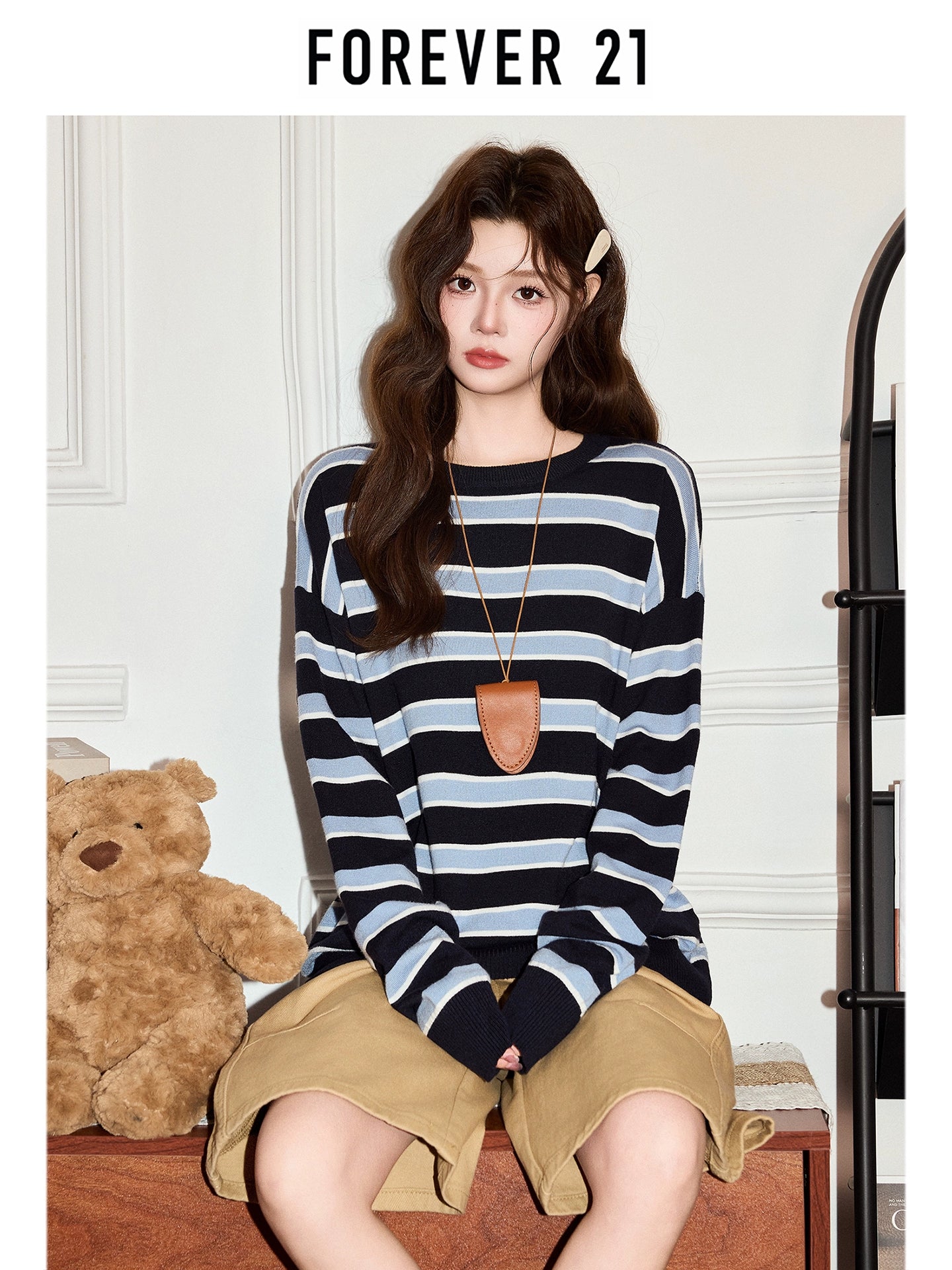 Forever 21 Korean ins striped contrast long-sleeved T-shirt women's autumn 2025 lazy style loose base top