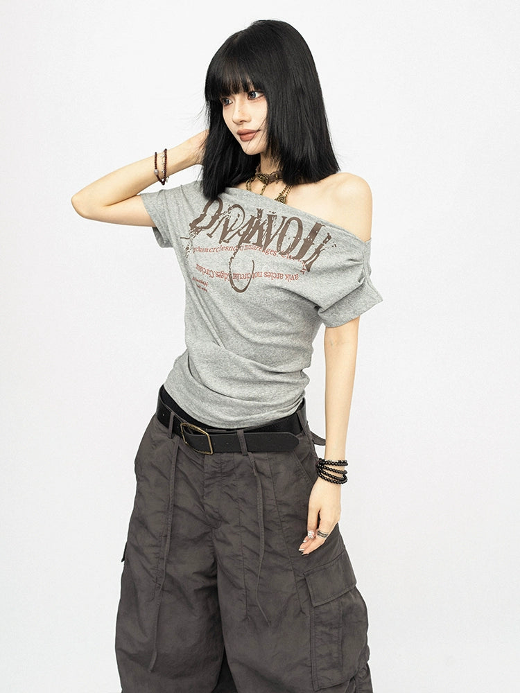 OCTTFLAB Американ Ретро Эмэгтэй Нэг Мөр Ил Харуулсан Үсэгтэй Принт Футболк