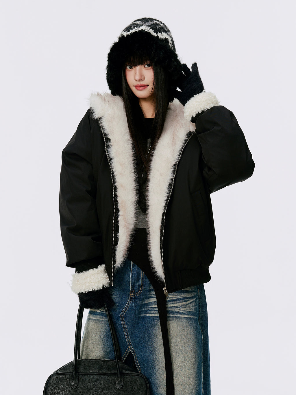 Burgenland Өвлийн толгой том ноосон захтай хар малгайтай хүрэм