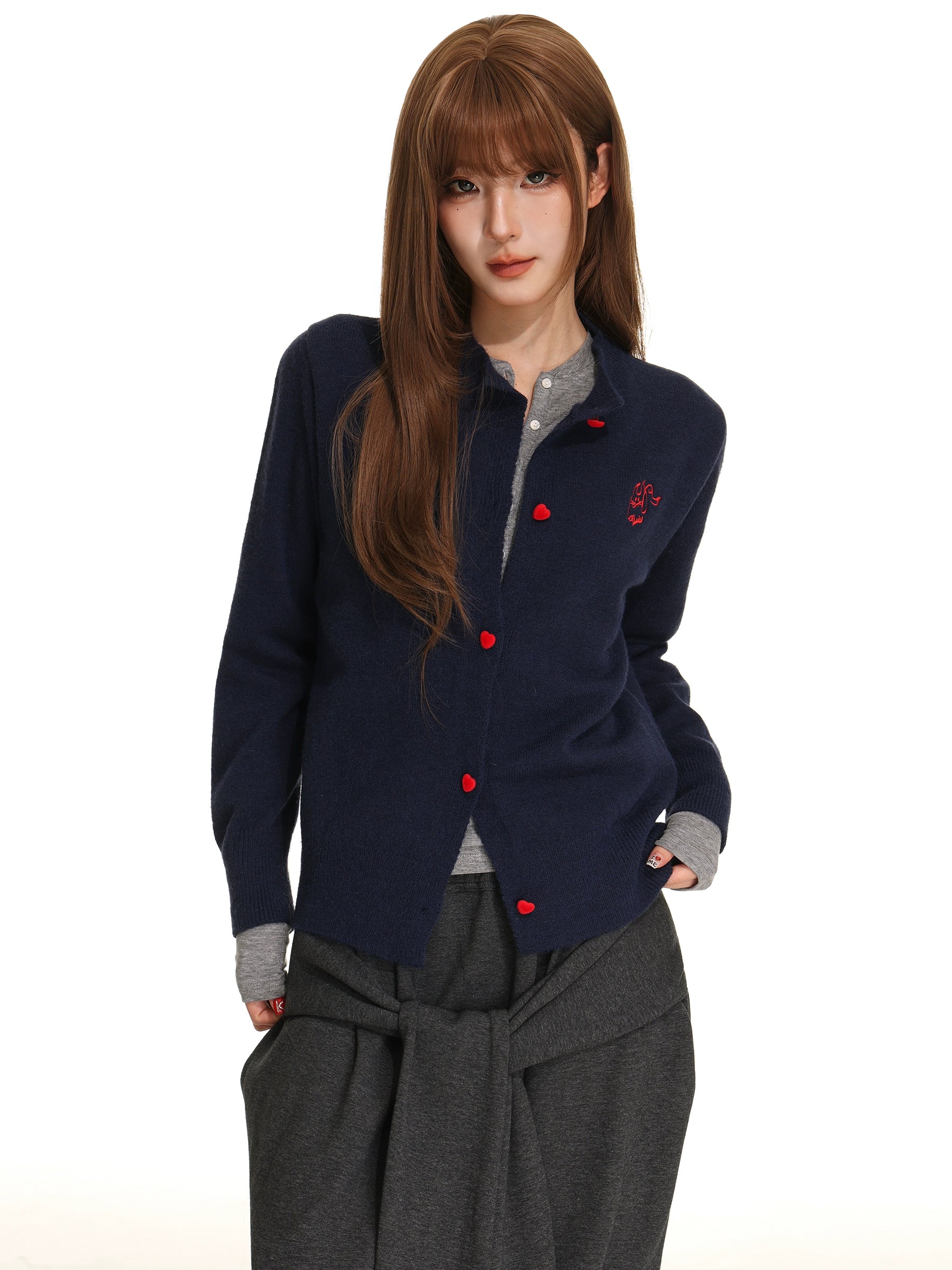 SHIYIYUE American vintage knitted sweater cardigan women's autumn love button print crew neck design jacket