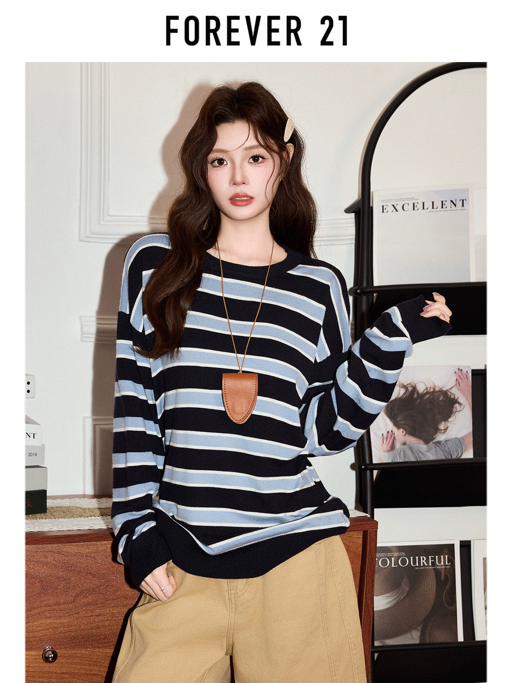 Forever 21 Korean ins striped contrast long-sleeved T-shirt women's autumn 2025 lazy style loose base top