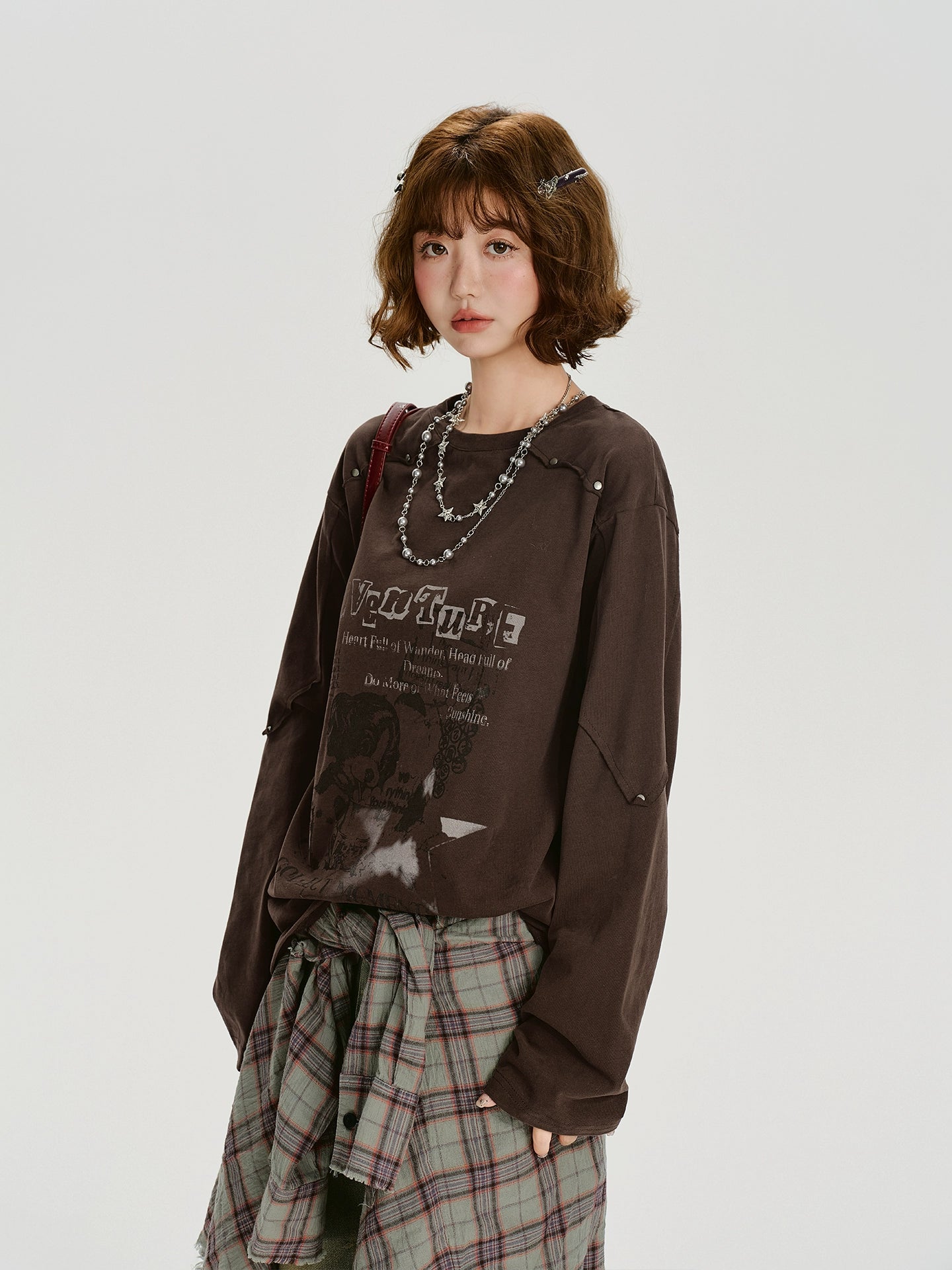 Girlyhalo Винтаж Оёдолтой Урт Ханцуйтай Футболк