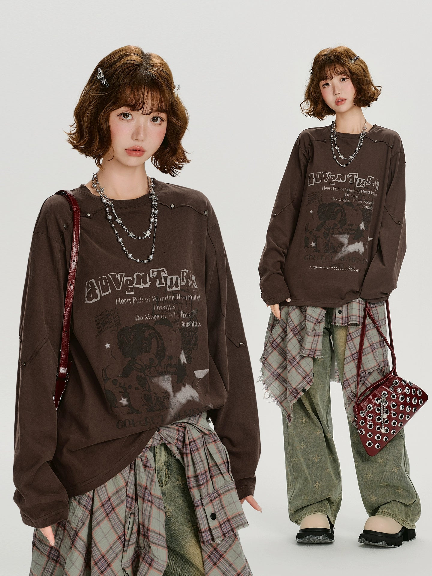 Girlyhalo Винтаж Оёдолтой Урт Ханцуйтай Футболк