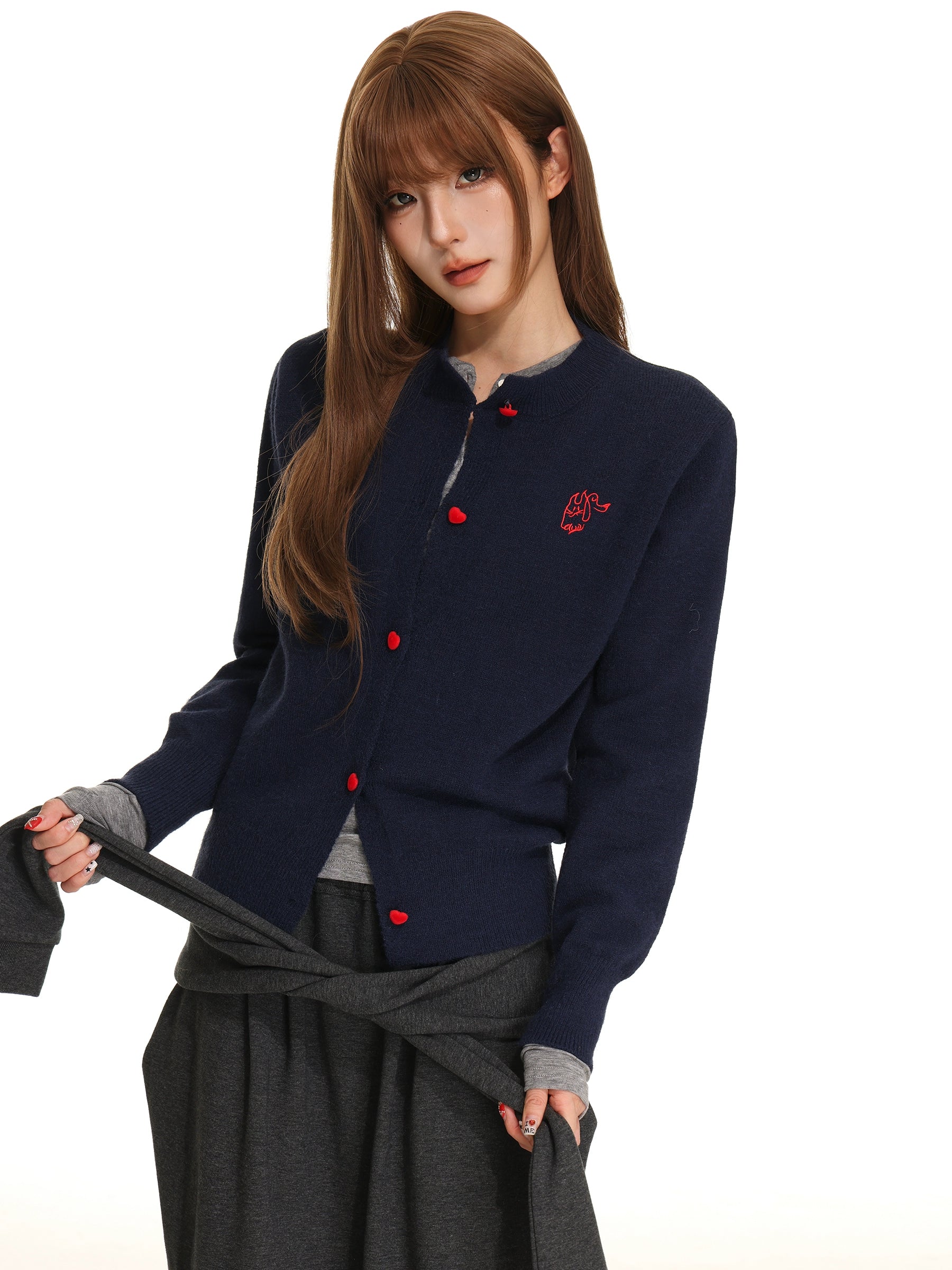 SHIYIYUE American vintage knitted sweater cardigan women's autumn love button print crew neck design jacket